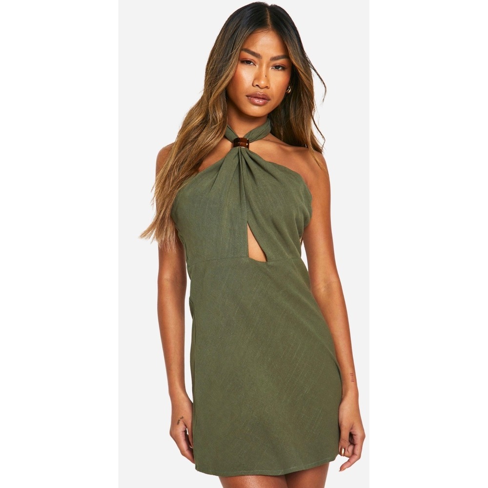 NEW Boohoo Olive Green Linen‎ Blend Halter Mini Dress Gold Ring Detail Size 8